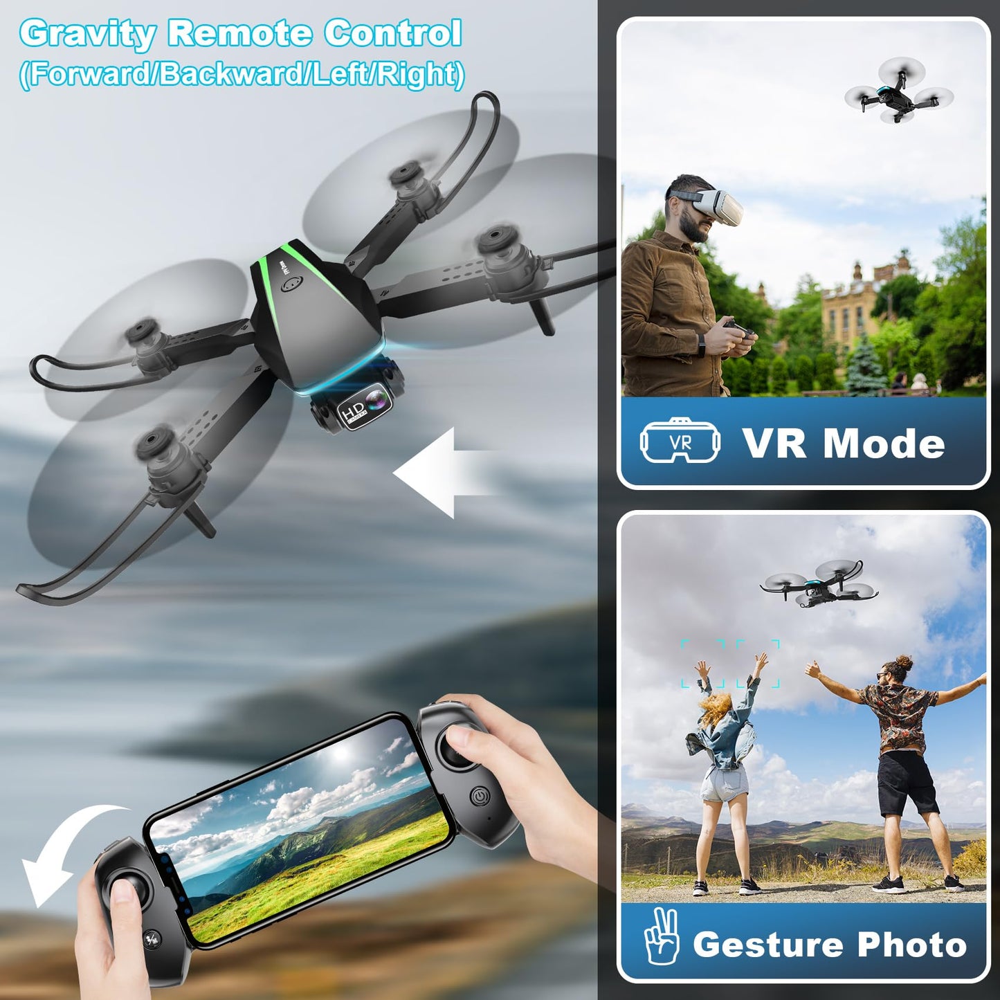 Oddire Mini Drone with Camera - 1080P HD Foldable Drone with Stable Hover, Gravity Control, Auto-Follow, Trajectory Flight, 90° Adjustable Lens, One Key Take Off/Land, 3D Flip, Drones for Adults