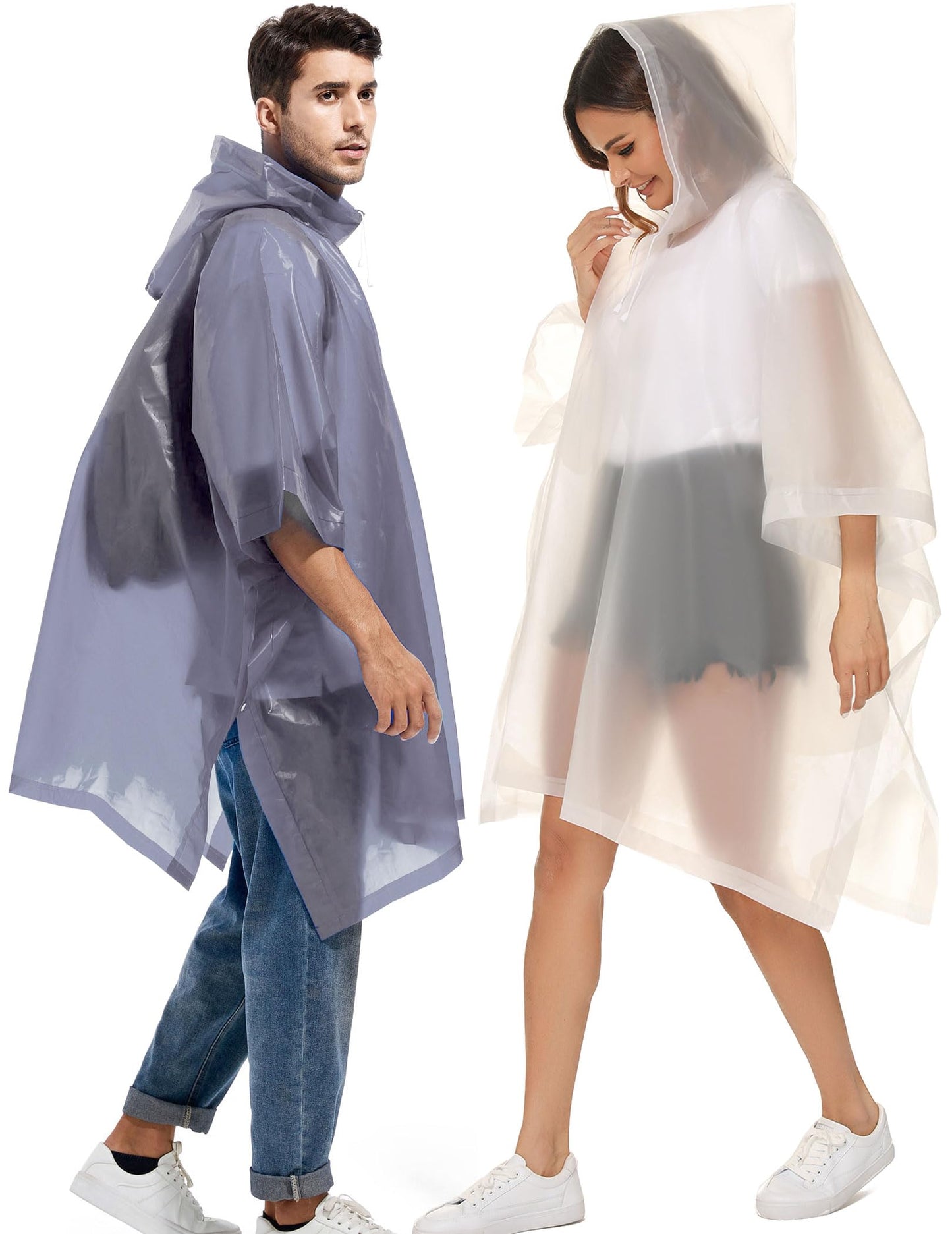Borogo 2 Pack Rain Ponchos for Adults Reusable - Raincoats Survival Emergency Heavy Duty Rain Coat with Drawstring Hood White&Grey