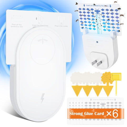 Fly Trap Indoor(1 Device + 6 Glue Cards) Plug-in Fruit Fly Traps for Indoors with Night Light and UV Light, Plug-in Flying Insect Trap for Mosquito, Flies, Gnats, Moths with 4 Sticky Traps