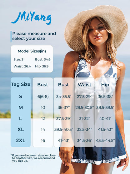 MiYang Women's One Piece High Waist Padded Swim Dress, Navy Flower, Tag Size 4XL=XL (US 16-18)