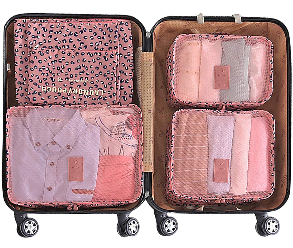Luggage Cubes,Mossio 7 Pack Lightweight Toiletry Organizer Space Saver Travel Accessories Pink Leopard