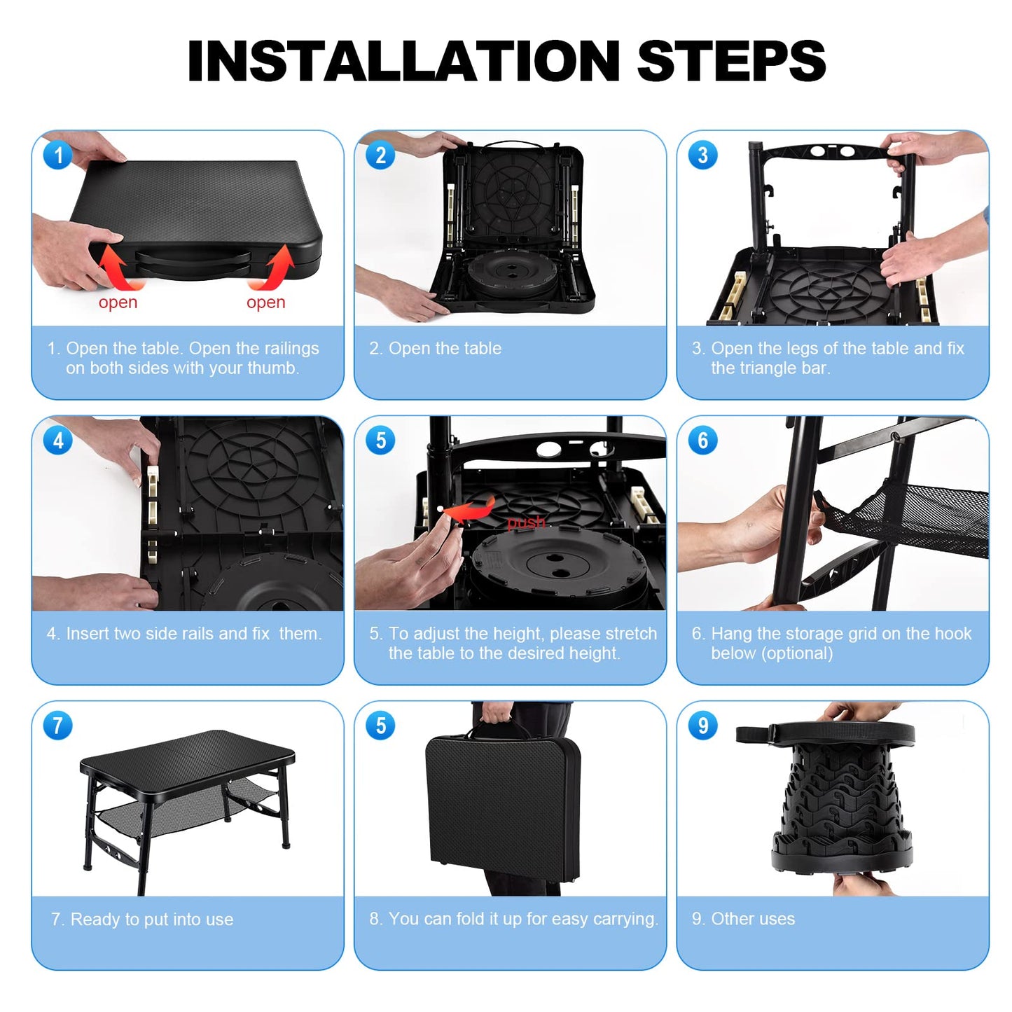 KPR Retractable Small Folding Table and Stool Set, Portable Camping Foldable Table Lightweight Yet More Sturdy with Adjustable Stool for Outdoor Picnic, Beach, Camp, Also Ideal as Laptop Bed Desk