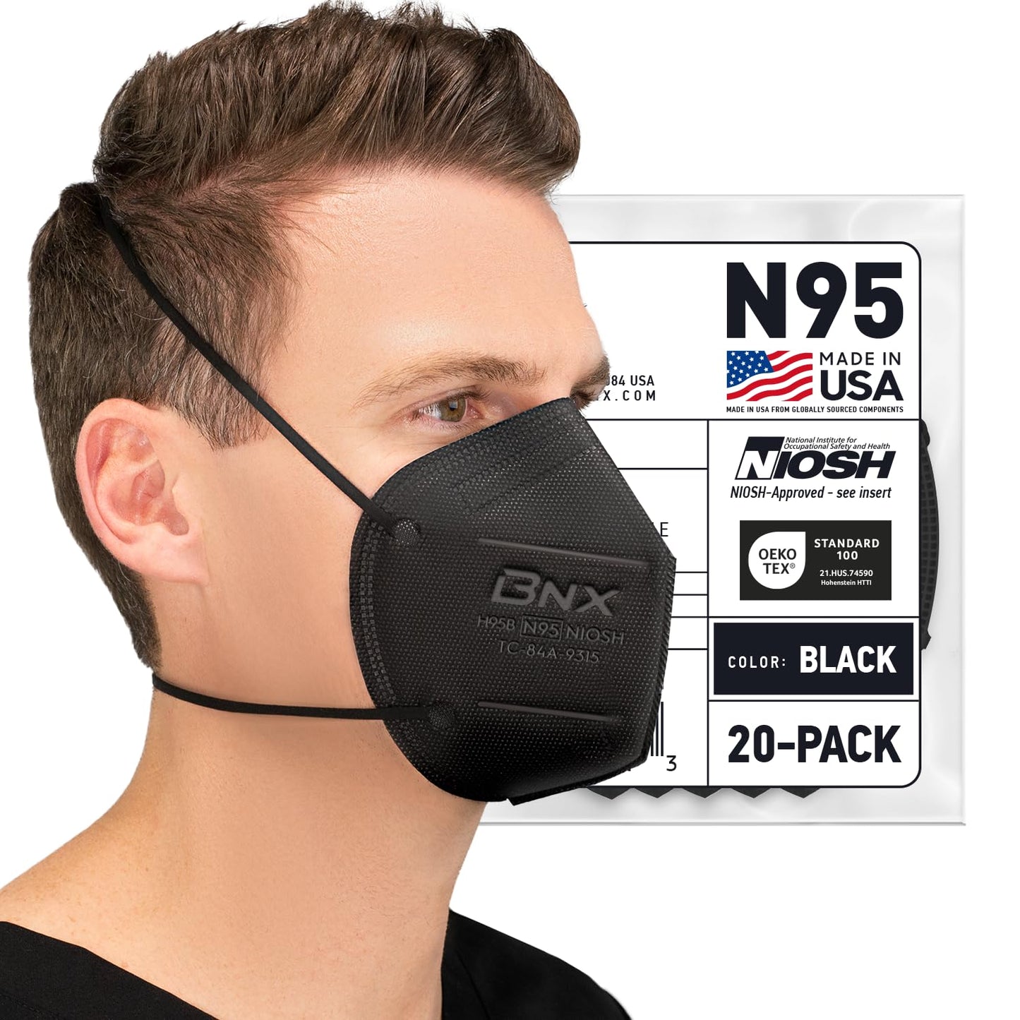 AccuMed BNX N95 Mask Black NIOSH Certified MADE IN USA Particulate Respirator Protective Face Mask (20-Pack, Approval Number TC-84A-9315 / Model H95B) Black