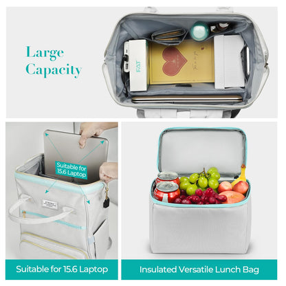 ETRONIK Lunch Backpack, 15.6 Inch Laptop Backpack with USB Port, Stylish Nurse, Teacher Work School Bag with Insulated Cooler Lunch Box for Women Men, College Backpack for Travel, Grey Blue