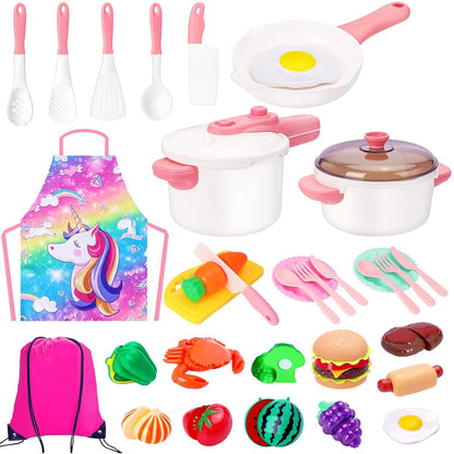 Meaicezli Kids Play Kitchen Accessories Set, Pretend Kids Pots and Pans Playset Toddler Cooking Set Play Kitchen Toys with Fake Play Food Dishes Utensils for Girls Boys Ages 1 2 3 4 5 6 7 8, Pink