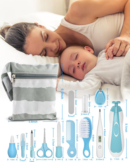 OTTOLIVES Baby Healthcare and Grooming Kit, 24 in 1 Baby Electric Nail Trimmer Set Newborn Nursery Health Care Set for Newborn Infant Toddlers Baby Boys Girls Kids Haircut Tools (0-3 Years+) (Blue)