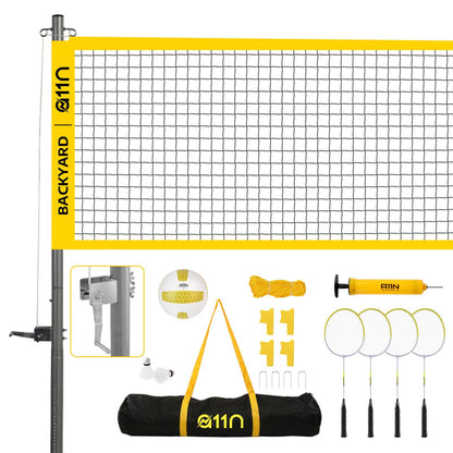 A11N Outdoor Volleyball and Badminton Combo Set - Includes Adjustable Height Anti-Sag Net, Volleyball, Air Pump, 4 Badminton Rackets, 2 Shuttlecocks, Boundary Line Marker, and Carrying Bag