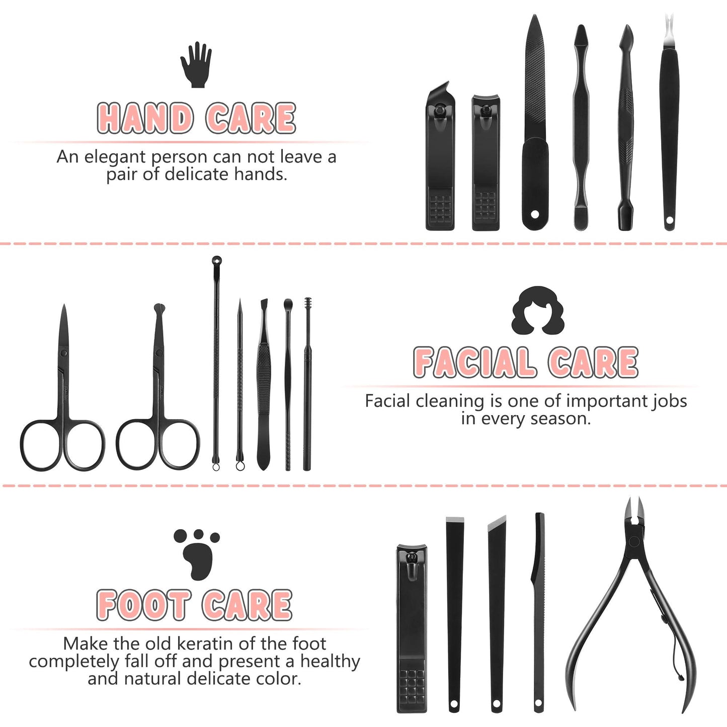 Manicure Set, Jubolion 19pcs Stainless Steel Professional Nail Clippers Pedicure Set with Black Leather Storage Case, Portable Grooming Kit for Travel or Home, Perfect Gifts Women and Men (Black)