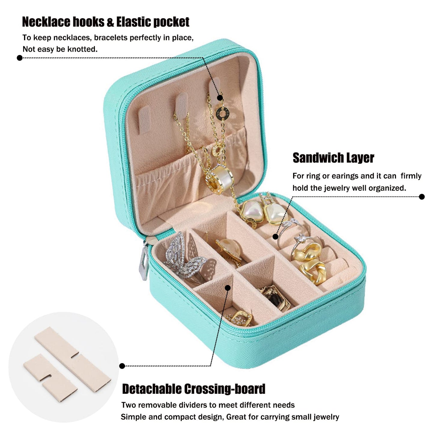 Mini Jewelry Travel Case, PU Leather Travel Jewelry Organizer Box, Small Portable Portable Jewellery Storage Holder for Womens Rings Earrings Necklaces Bracelets (Blue)