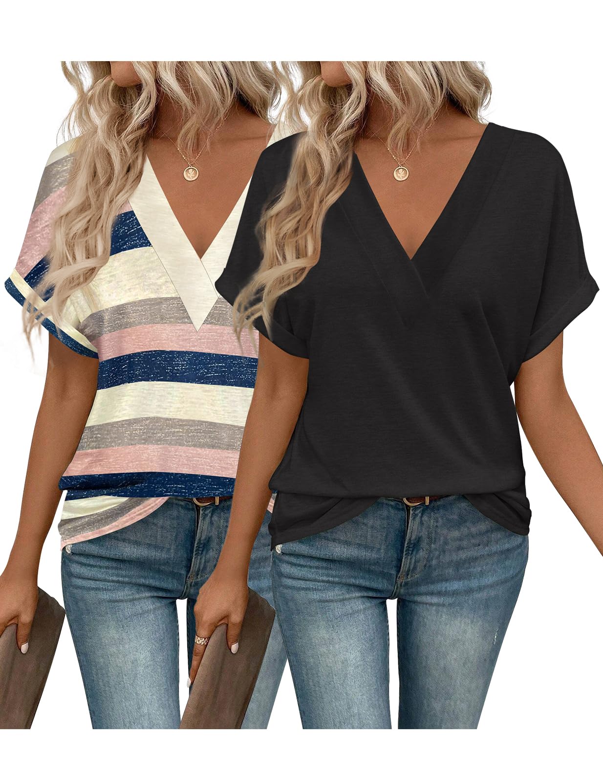 EyMuse 2 PCS Womens Fashion Tops V Neck T Shirts 2025 Short Sleeve Trendy Loose Fit Dressy Lightweight Soft Casual Summer Outfits Tees,Multicolor+Black,L
