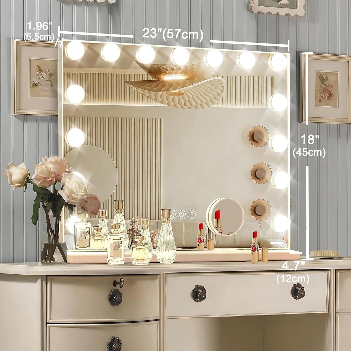 Ratsamee Hollywood Vanity Mirror with Lights, 15 Dimmable Bulbs, 3 Color Lights,Make Up Lighted Mirror, Aluminum Metal Frame, USB Charging Port（23" x 18"）