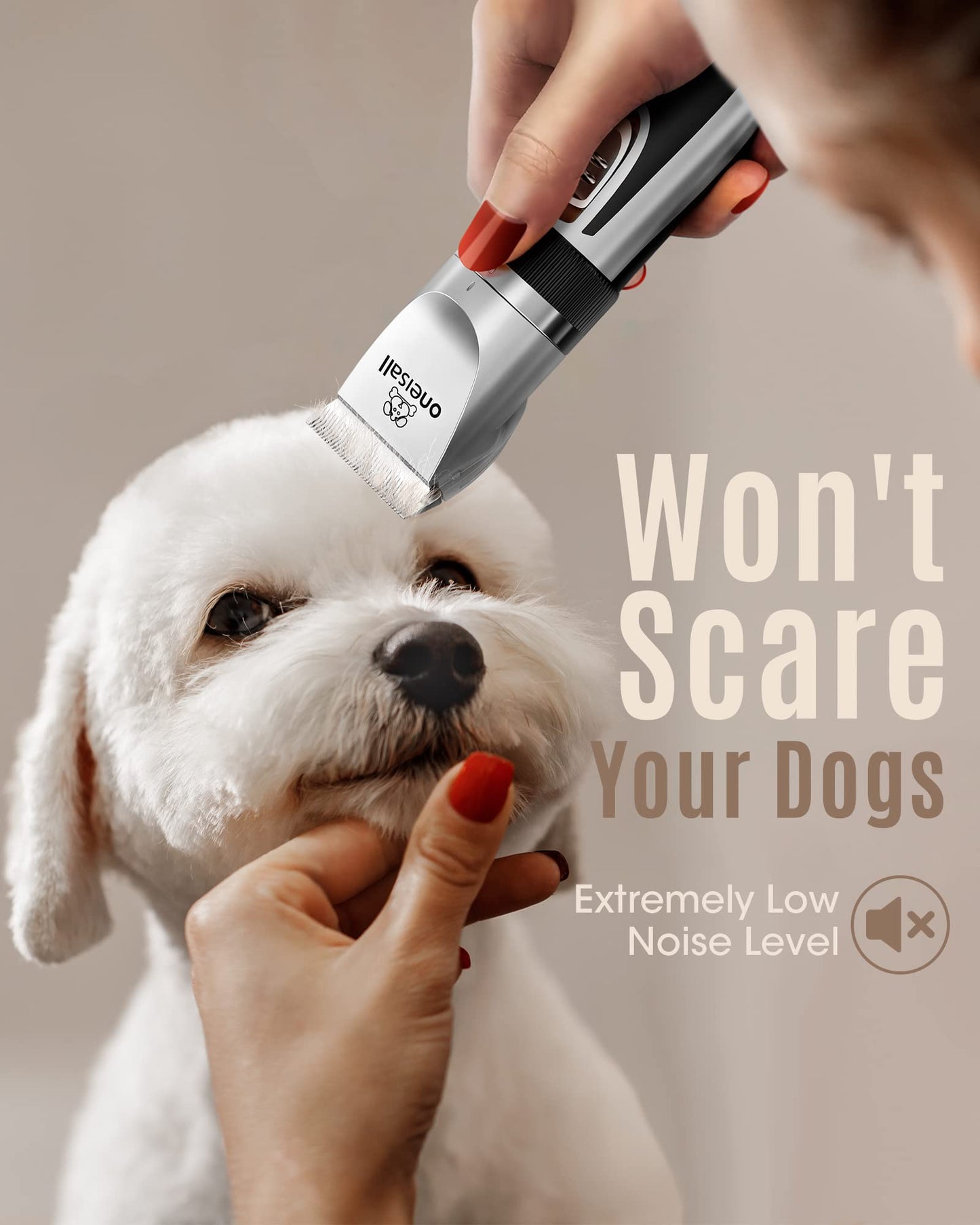 oneisall Low Noise 2-Speed Quiet Dog Grooming Kit - Rechargeable Cordless Pet Hair Clipper Trimmer Shaver for Small and Large Dogs, Cats and Animals (Silver)
