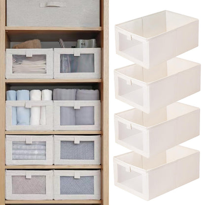 Linen Closet Organizers And Storage, 4 Pack Closet Storage Bins Linen Closet Baskets for Closet Organization Foldable Closet Organizer Bins with Clear Window For Organizing Clothing, Jeans, Shelves