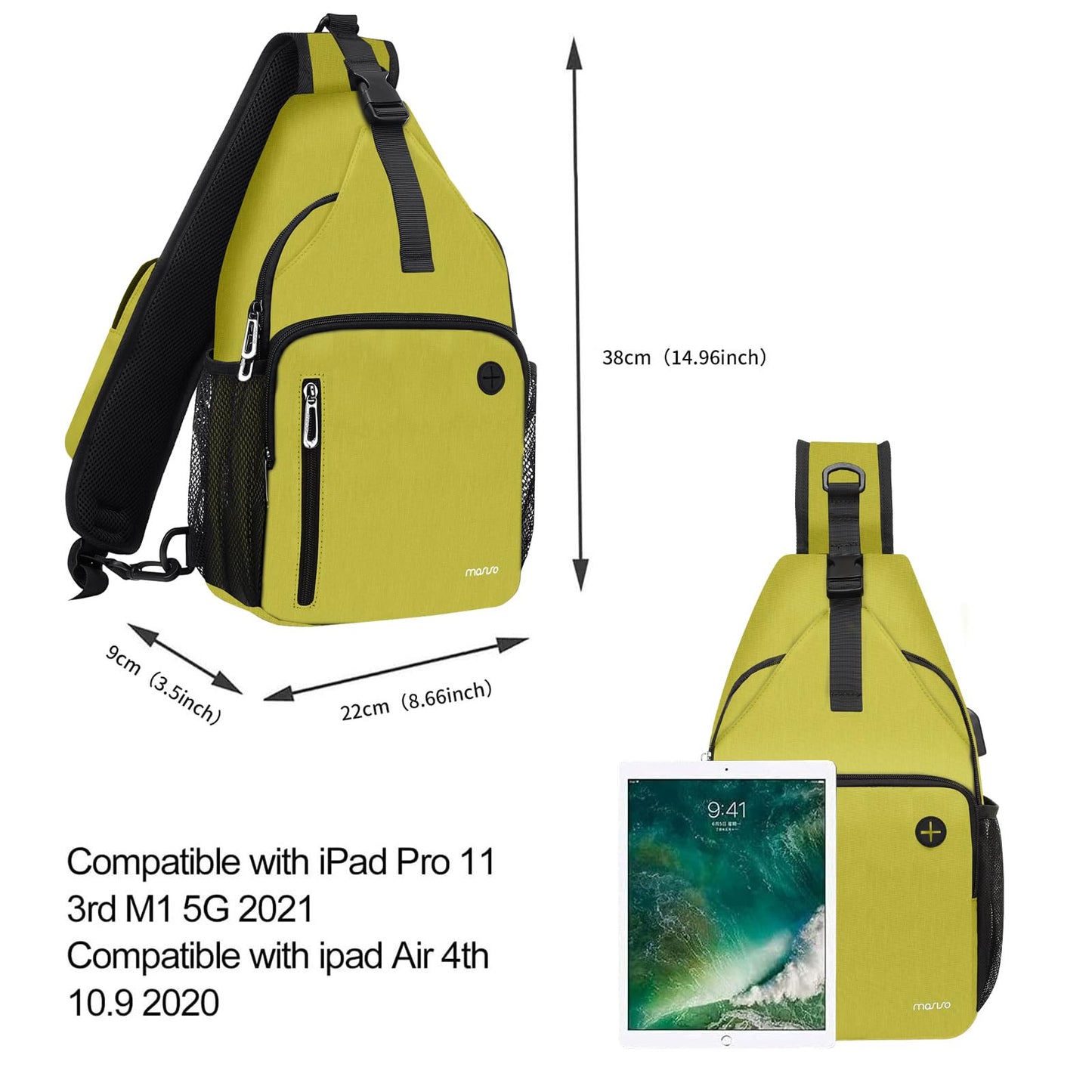 MOSISO Sling Backpack Bag, Crossbody Shoulder Bag Travel Hiking Daypack Chest Bag with Front Square Pocket&USB Charging Port, Yellow