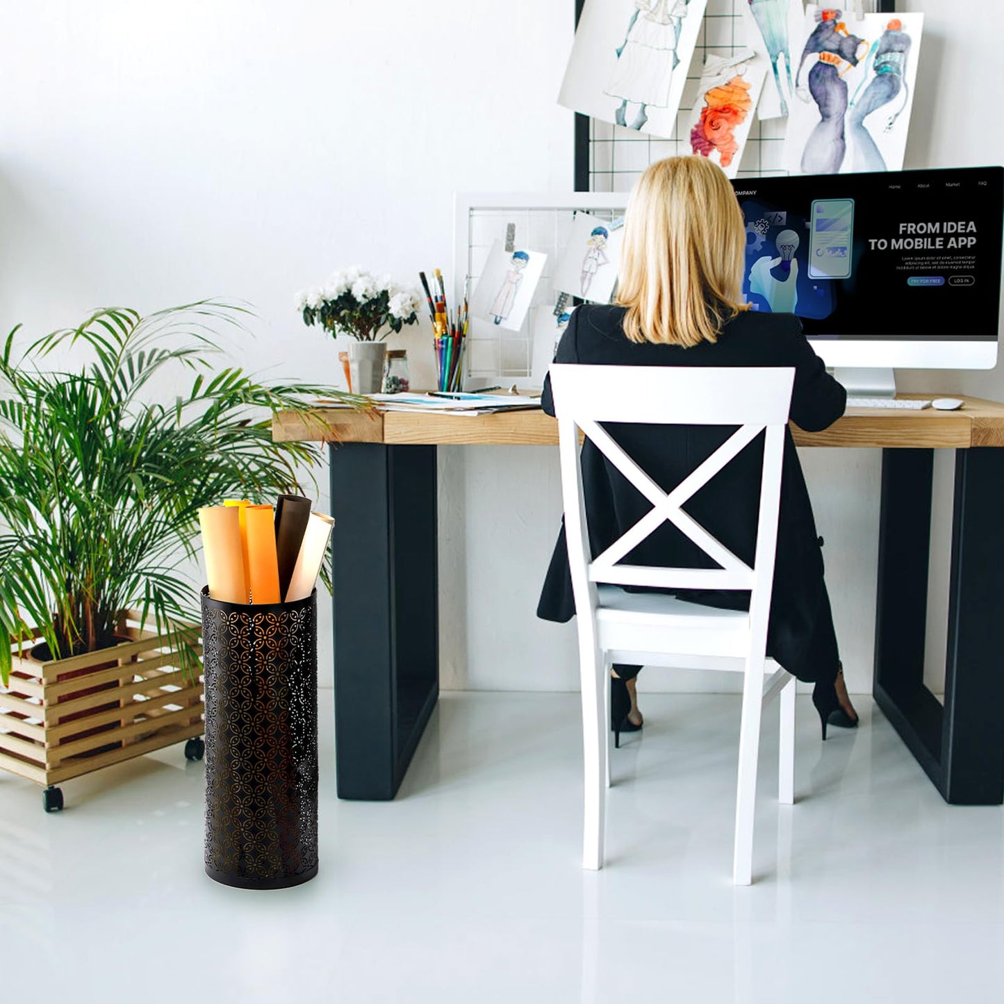 Hacaroa Metal Round Umbrella Stand Rack, Free Standing Umbrella Holder Bin, Canes Walking Sticks Holder for Entryway, Home, Office, Black