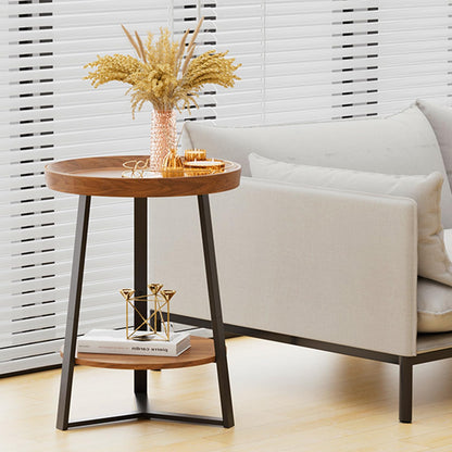 Gadroad Round End Table with Storage Shelf, 2 Tier Farmhouse Side Table Nightstand for Living Room, Bedroom, Wood Tabletop & Black Metal Frame, Brown 15.7 * 15.7 * 23.0inches