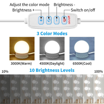 LED Vanity Mirror Lights with 12 Stick On Dimmable Bulbs, 3000K 4500K 6500K & 10 Brightness Levels Adjustable, Plug in USB Cable, Hollywood Style Mirror Lights for Makeup Desk Bathroom Dressing Room