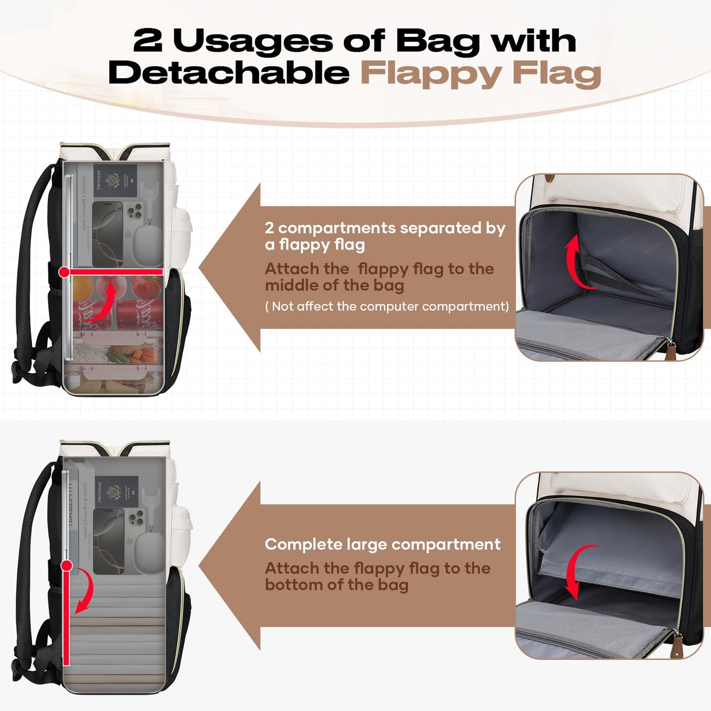 Maelstrom Travel Backpack for Women Men,Laptop Backpack Fits 15.6-17.3 Inch Laptop, Nurse/Teacher/Work Bag with Insulated Lunch Box,Water Resistant Carry On Backpack,Black-Beige