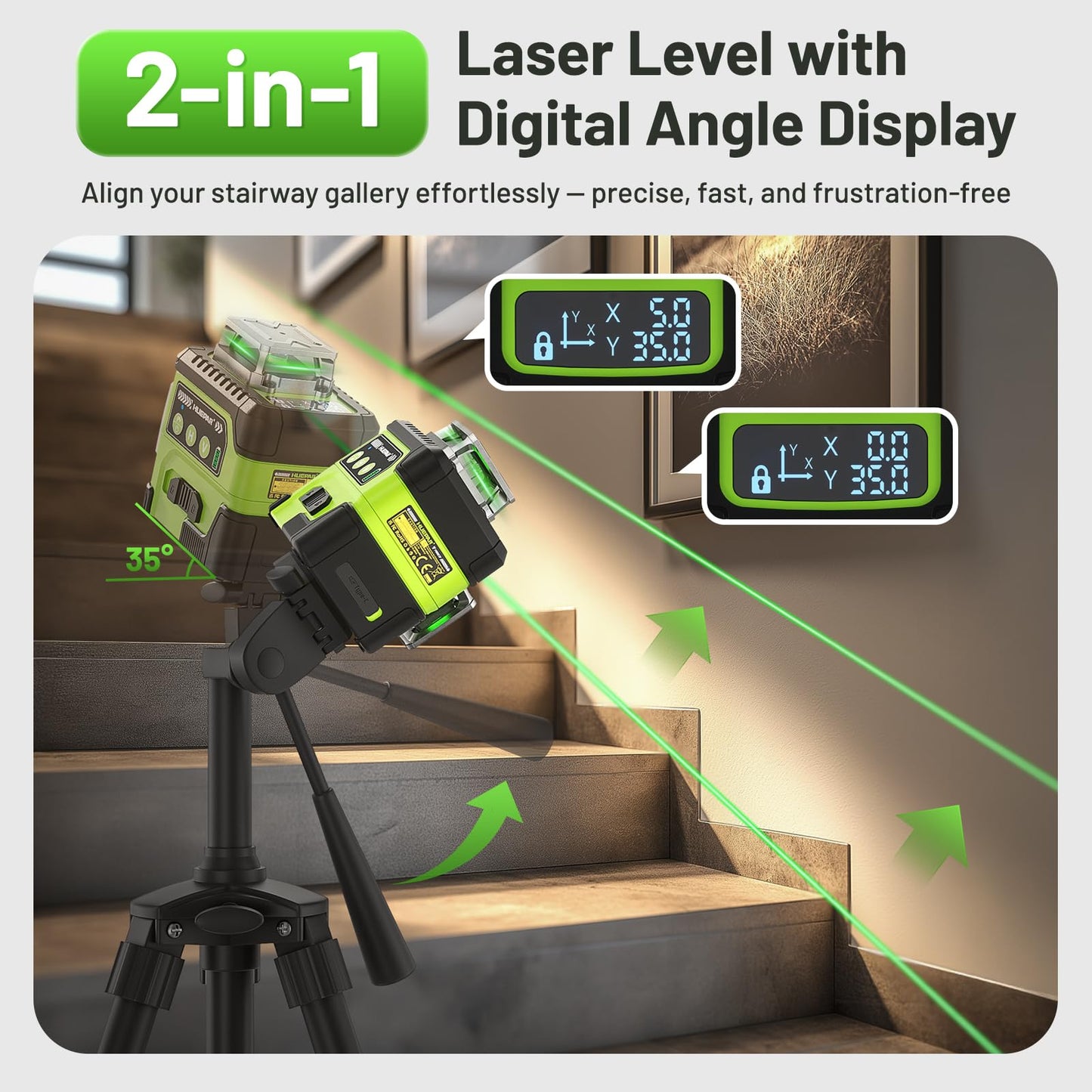 HUEPAR Laser Level 360 Self Leveling with LCD Screen, 3 x 360° High Brightness Rechargeable 3D Lazer Leveler Tool for Construction and Picture Hanging, Strong Magnetic Bracket&Hard Carry Case -Y03CG