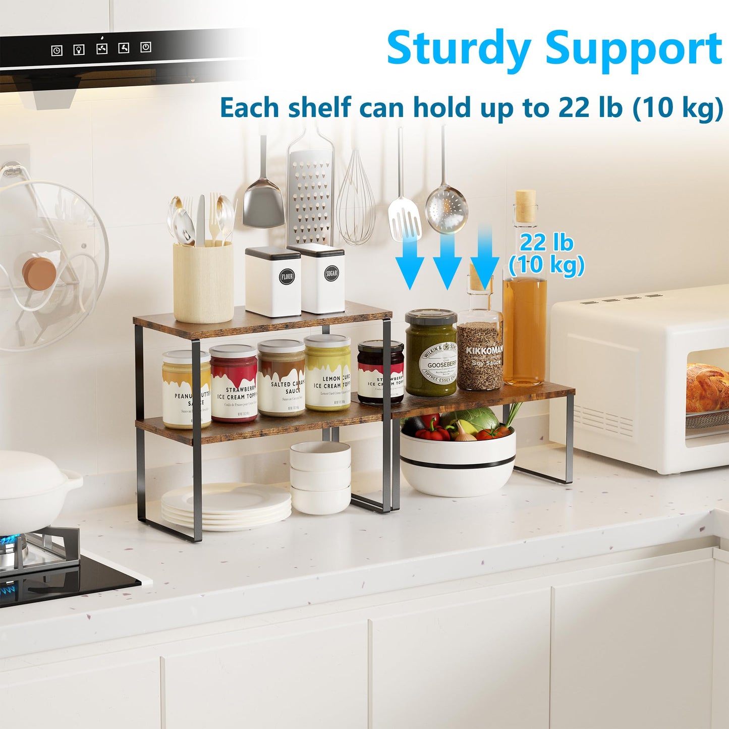 Golener Countertop Organizer Corner Shelf, 2 Tier Adjustable Stackable Corner Shelves for Kitchen, Bathroom, Spice Rack, Coffee Area, Over Sink, Dresser Table, Corner Counter Shelf Stand, Rustic Brown