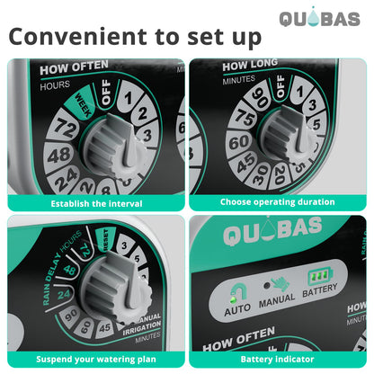 QUOBAS 3-Dial Analog Water Timer, Mechnical Control Automatic Sprinkler Timer with Manual and Rain Delay, for Garden Hose Watering, Drip Irrigation, Self-Watering System, Easy to Set Up