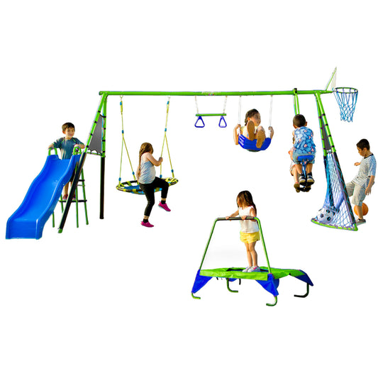 Fitness Reality Kids Sports Outdoor 8 Station Playground Set, Includes Swing Set, Slide, Monkey Bars, Basketball Hoop, Trampoline, Soccer and Basketball + Pump, Green