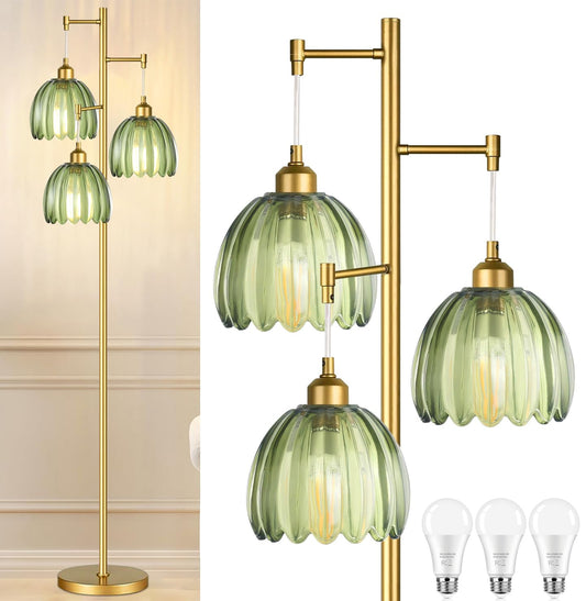 QIYIZM Gold Floor Lamp for Living Room,Bedroom,Mid Century Modern Standing Lamp Brass Tree 3 Light Tall Floor Lamps Vintage Retro Floor Lights Glass Green Flower Lamp Shade Farmhouse Boho Bohemian
