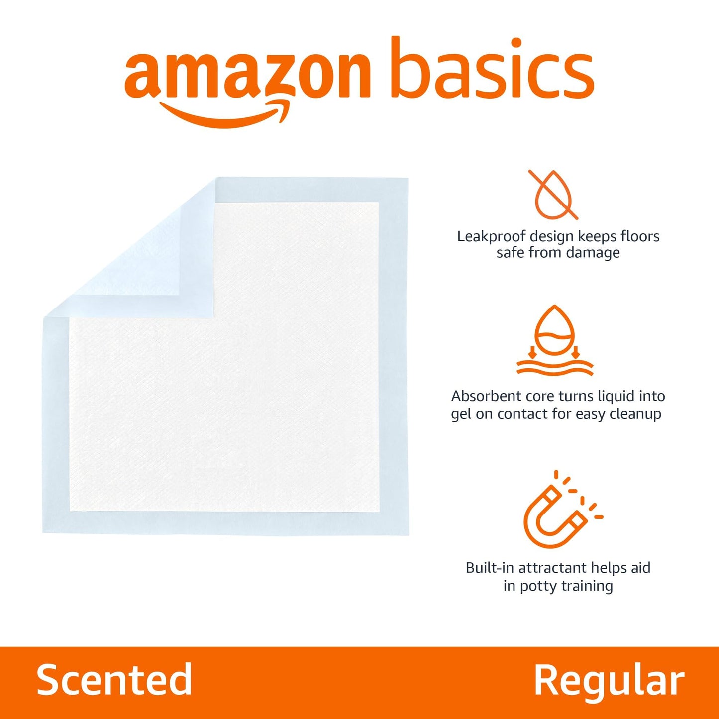 Amazon Basics Scented Dog and Puppy Pee Pads, 5-Layer Leak-Proof Super Absorbent, Quick-Dry Surface, Potty Training, Regular (22x22"), 100 Count, Blue & White