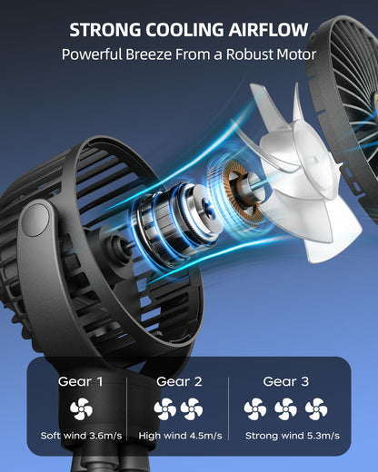 Portable Stroller Mini Fan, Small Rechargeable Personal Fan, Baby Travel Essentials for Wagon, Car Seat, Treadmill, Battery Powered Biking Gear Accessories, 360° Rotation, 3-Speed, Display, Black