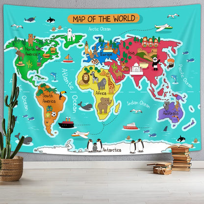 Kids Map Tapestry,Cartoon Animal Landmark Building Educational Geography World Map Wall Hanging,Wall Blankets for Classroom Home Dorm Living Room Bedroom Decor 90X70 in