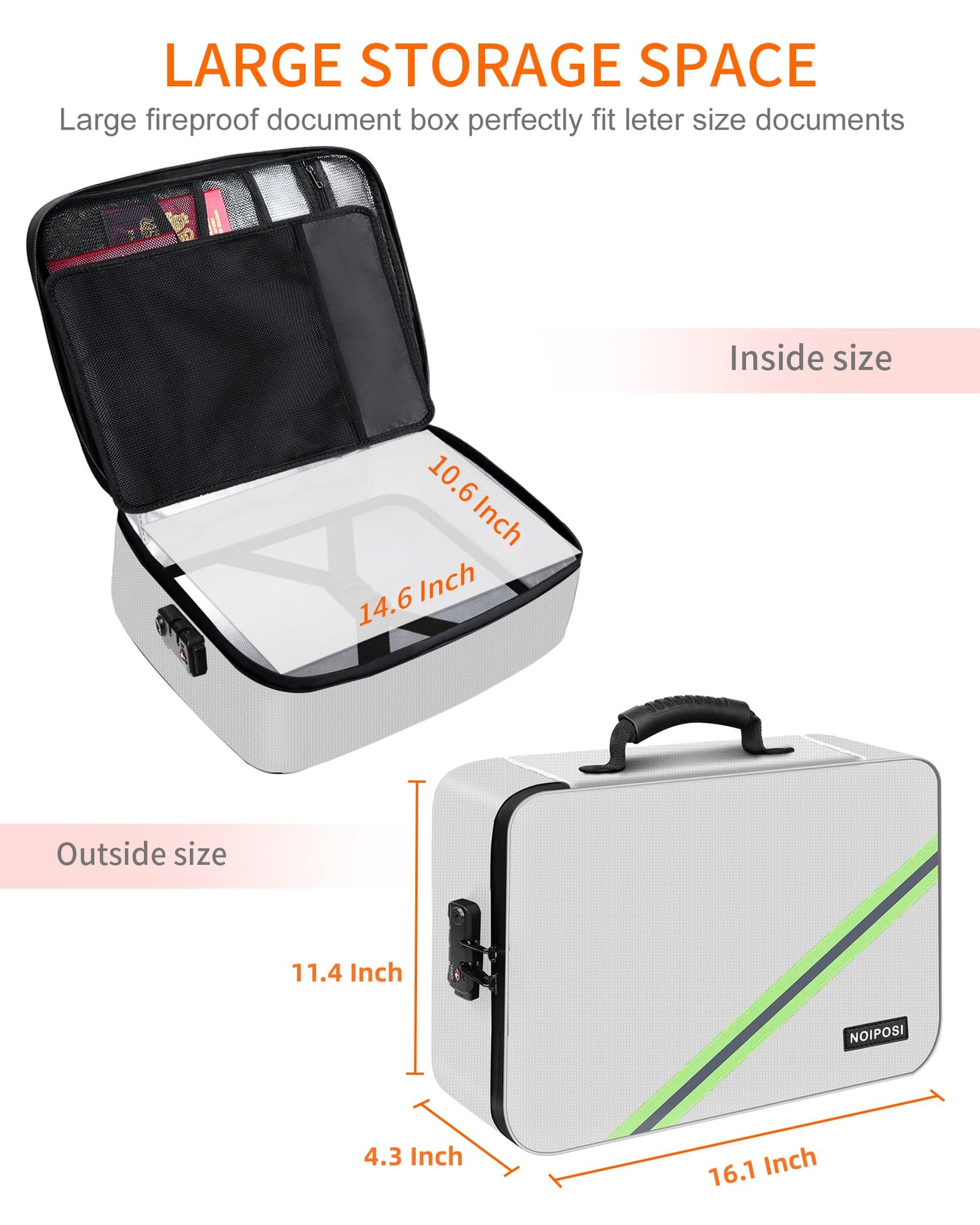 Noiposi Document Organizer with Lock,16.1"x11.4"x4.3" Waterproof and Fireproof Document Box,Portable Home Travel Safe Storage Box for Important Documents,File and Birth Certificate,Silver