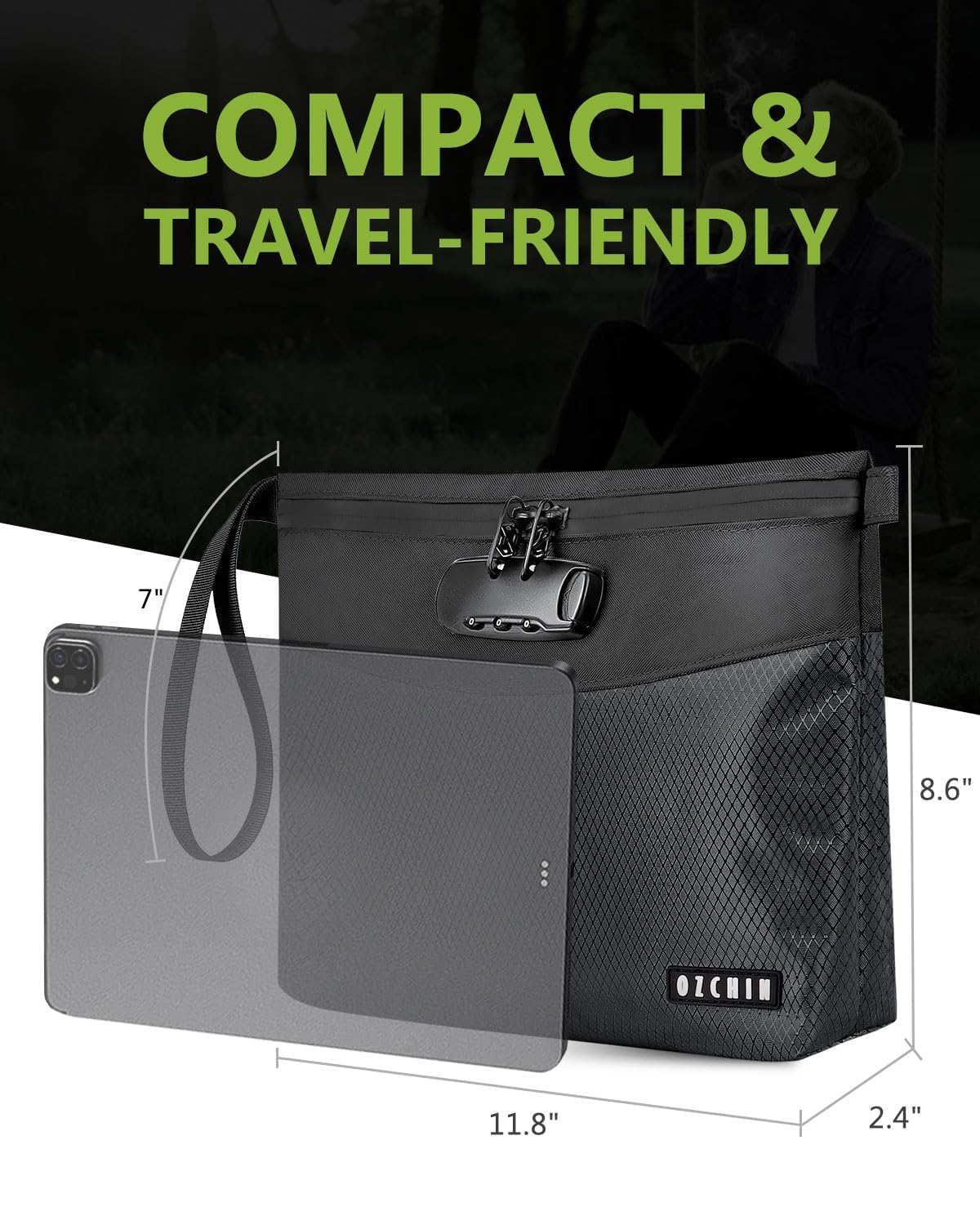 OZCHIN Smell Proof Bag with Lock – Activated Carbon Fiber Smell Proof Container with Combination Lock, Airtight Zipper, Odor Proof Case for Travel, Daily Use, Gifts Ideas 11 X 8 Inch (Black)