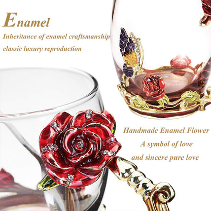 Kaiyuan Dynasty Tea Cup Glass Coffee Mugs Enamel Rose Flower Butterfly Drinking Cups with Spoon Set for Birthday Wedding Red Rose Tall Mug 12oz