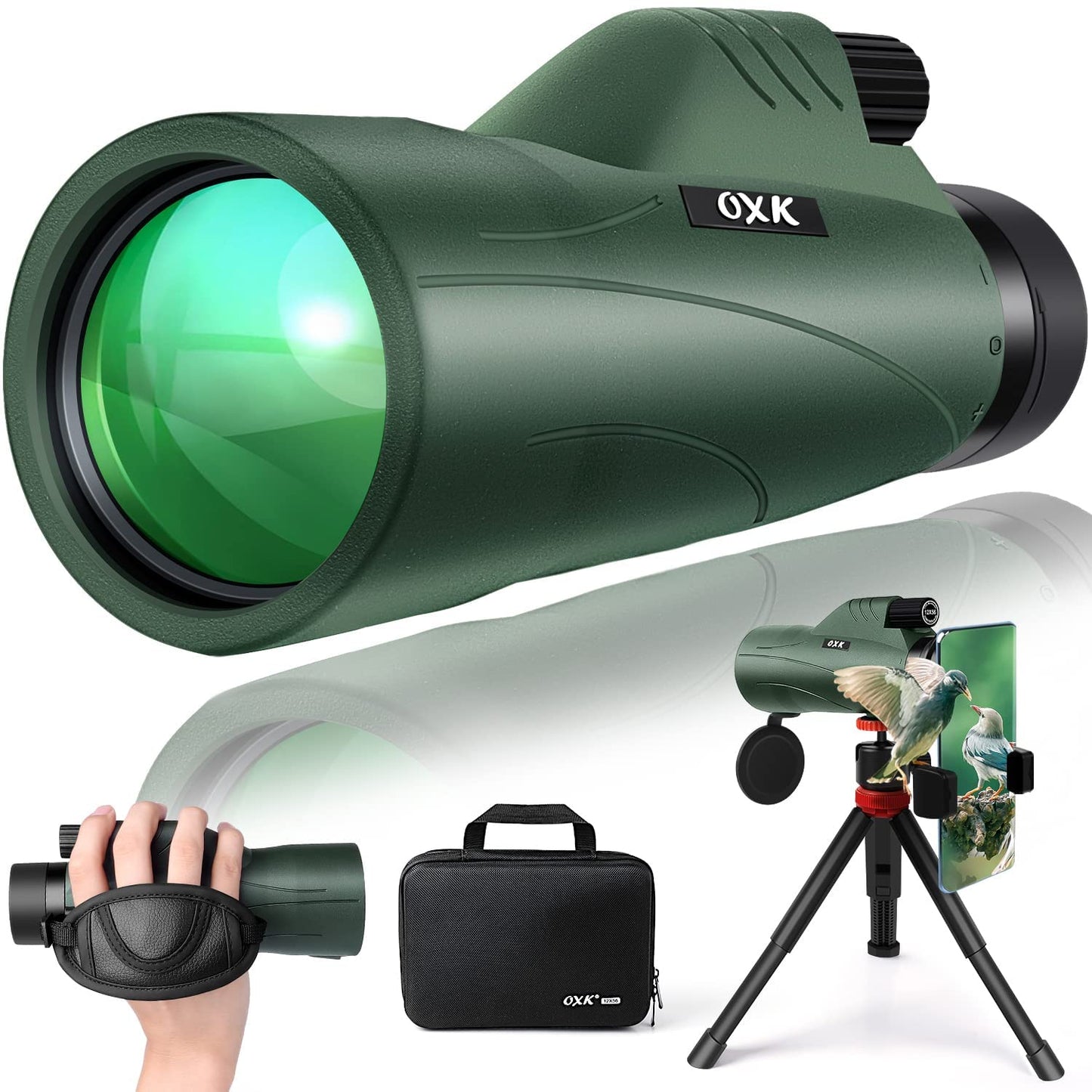 OXK Optics 12x56 High Power Monocular Telescope | Comes with Smartphone Adapter Tripod Travel Bag | Bird Watching Hunting Hiking Camping Gift - Green