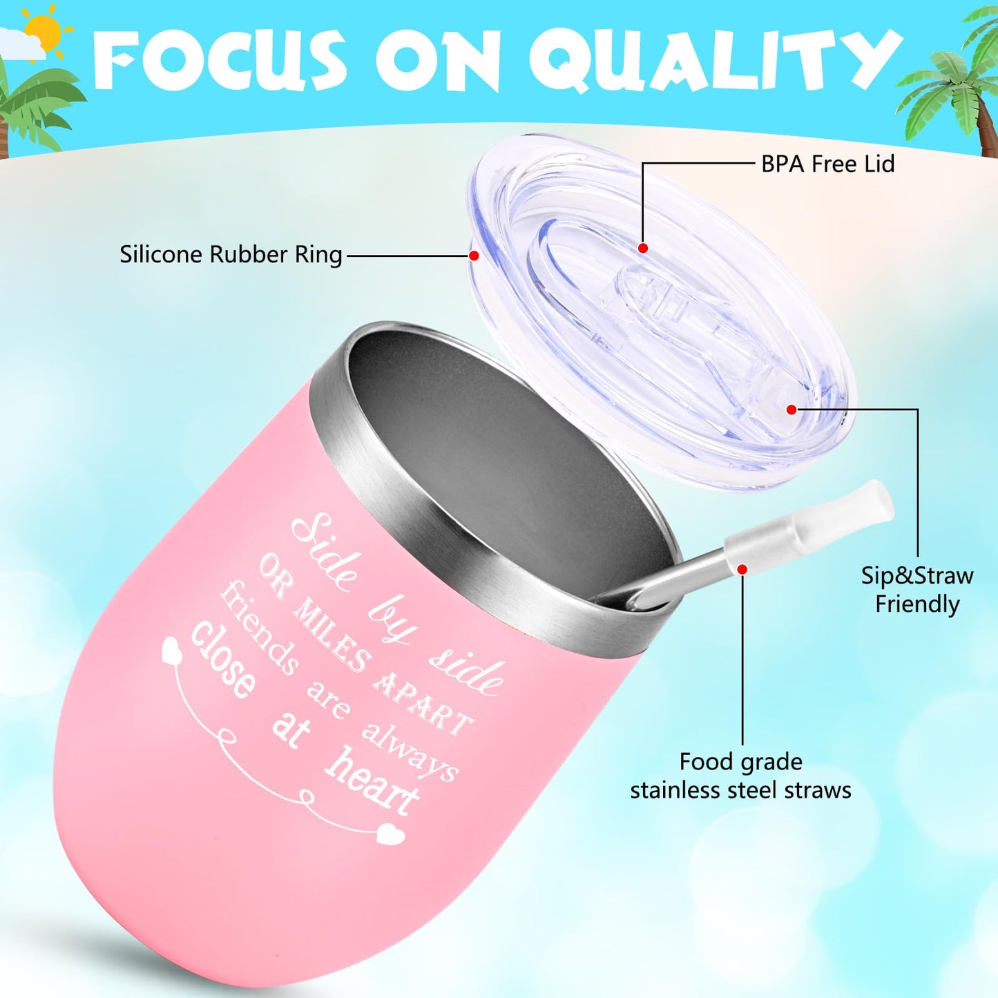 GINGPROUS 4 Pack Friend Wine Tumbler Set for Girls Trip Friendship Girls Weekend Long Distance Frineds, 12 Oz Stainless Steel Wine Tumbler with Lid and Straw, Mix Color