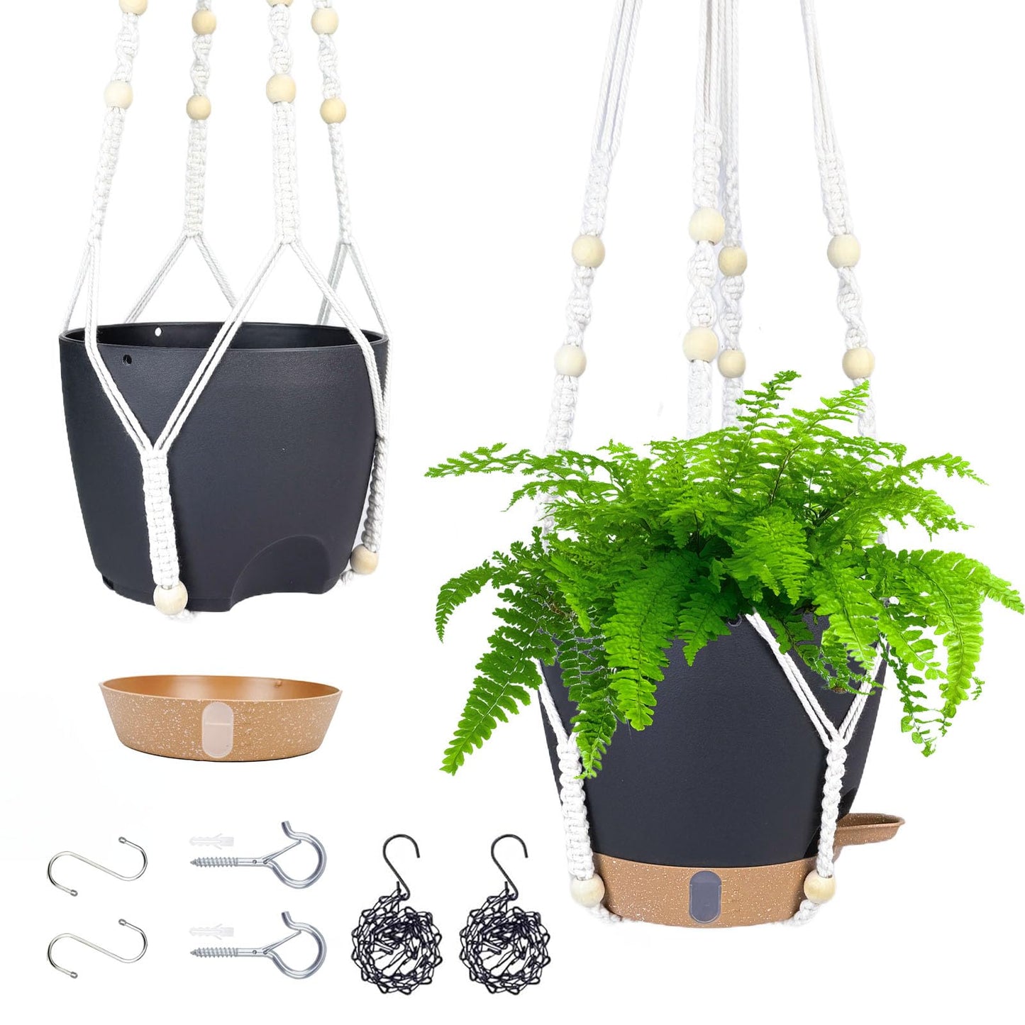 Hanging Planter Self Watering 8 Inch, 2 Pack Hanging Baskets for Plants, Hanging Flower Pots with Drainage Hole & 2 Kinds of Plant Hangers for Garden Home Decor (Black, 8 inch)