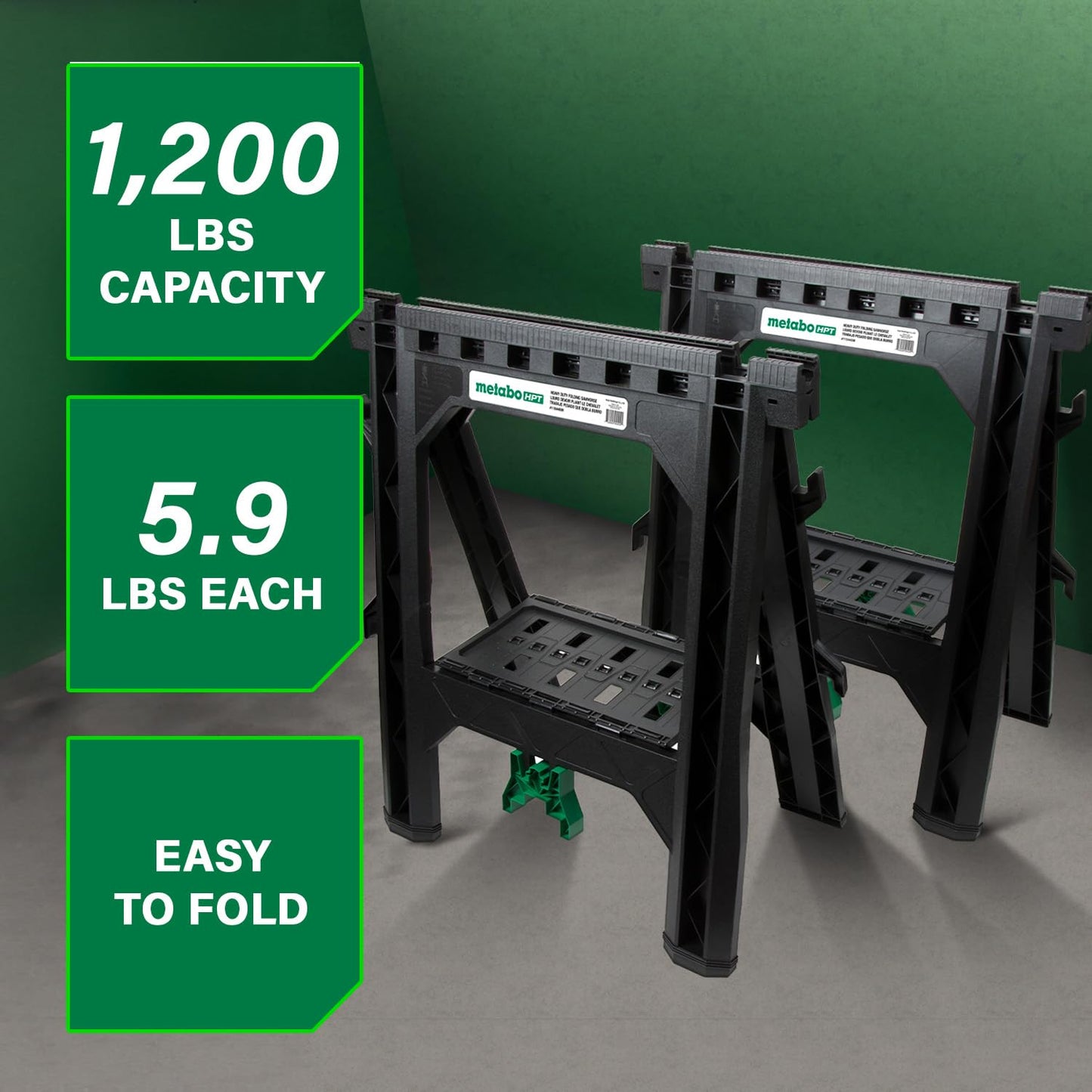 Metabo HPT Folding Sawhorses, 2-Pack, Lightweight Design, 1,200 lbs Capacity, Includes 4 Sawbucks, Ideal for Extra Workstations, Non-Skid Feet for Stability, Built-In Shelf and Cord Hooks, 115445M