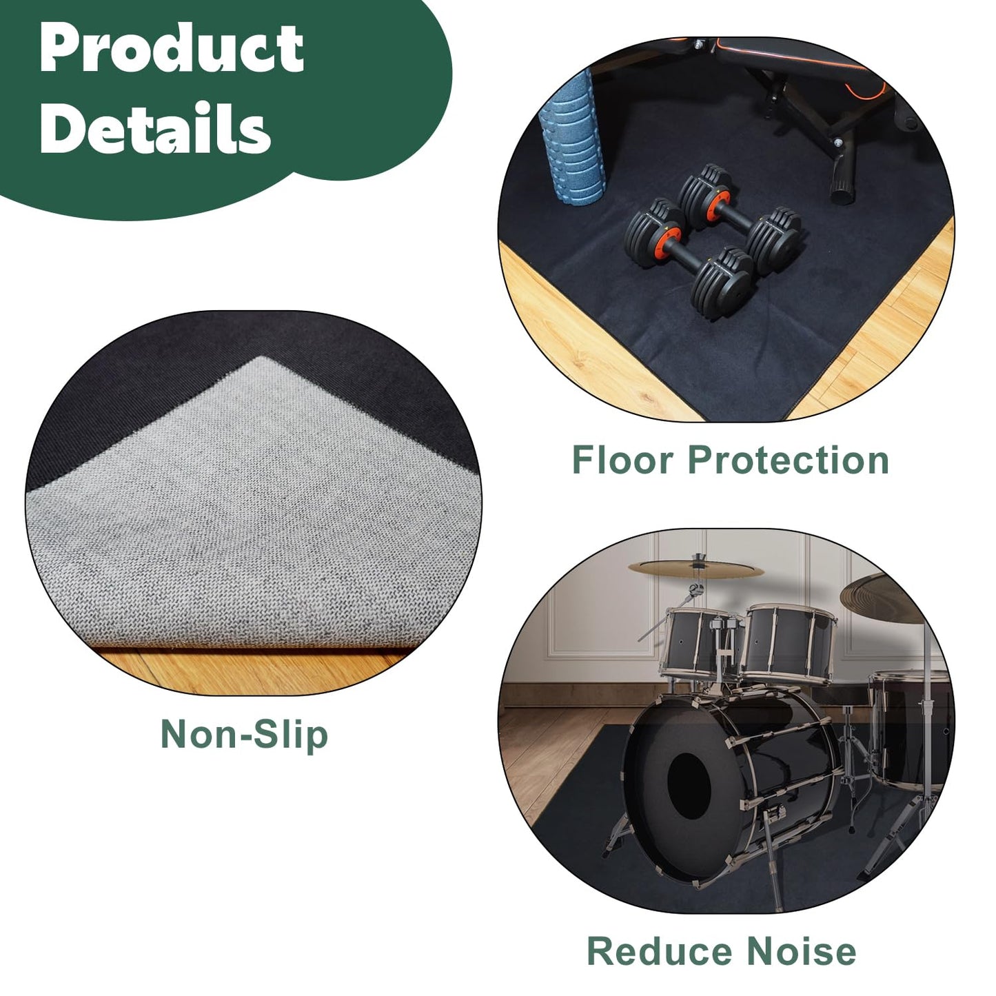 Qintan Drum Rug, Drum Mat with Non-Slip Grip Bottom(4x5.3Ft), Drum Carpet for Noise Reduction, Drum Pad for Jazz Drum & Electric Drum Set, Ideal Gift for Drummers, Drum Accessories, 47x63in, Black