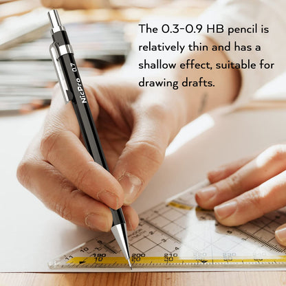 Nicpro 6 PCS Art Mechanical Pencil Set, Black Metal Drafting Pencil 0.3, 0.5, 0.7, 0.9 mm & 2PCS 2mm Graphite Lead Holder(4B 2B HB 2H) For Writing Sketching Drawing With 8 Lead Refills Eraser Case