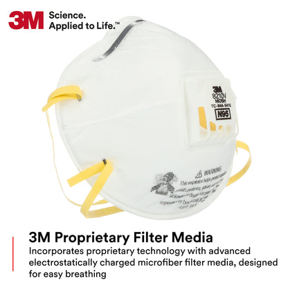 3M Particulate Respirator 8210V with Cool Flow Valve, Pack of 80, NIOSH APPROVED, Disposable, Smoke, Grinding, Sanding, Sawing, Sweeping, Woodworking, Dust