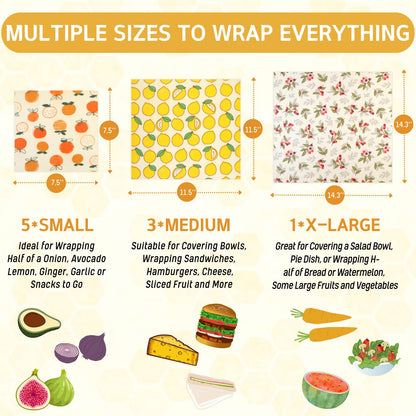 Reusable Beeswax Wrap - 9 Pack Beeswax Wraps for Food, Eco-Friendly Beeswax Food Wraps, Bread Sandwich Wrapper - Organic, Sustainable, Zero Waste, Reusable Plastic-Free Food Storage Wrap, 1XL, 3M, 5S