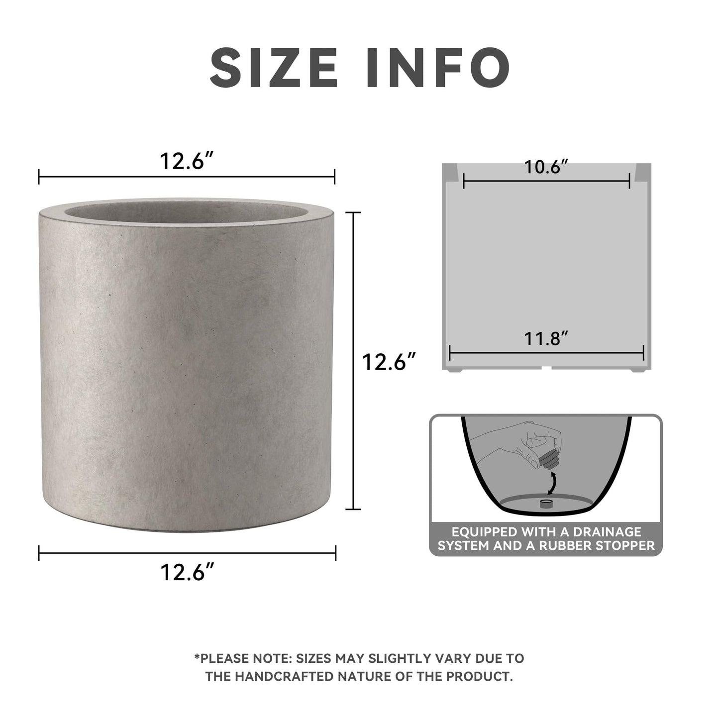 Kante 12.6" Dia Round Concrete Planter, Modern Style Large Cylindrical Plant Pot with Drainage Hole and Rubber Plug for Indoor Outdoor Patio, Weathered Concrete