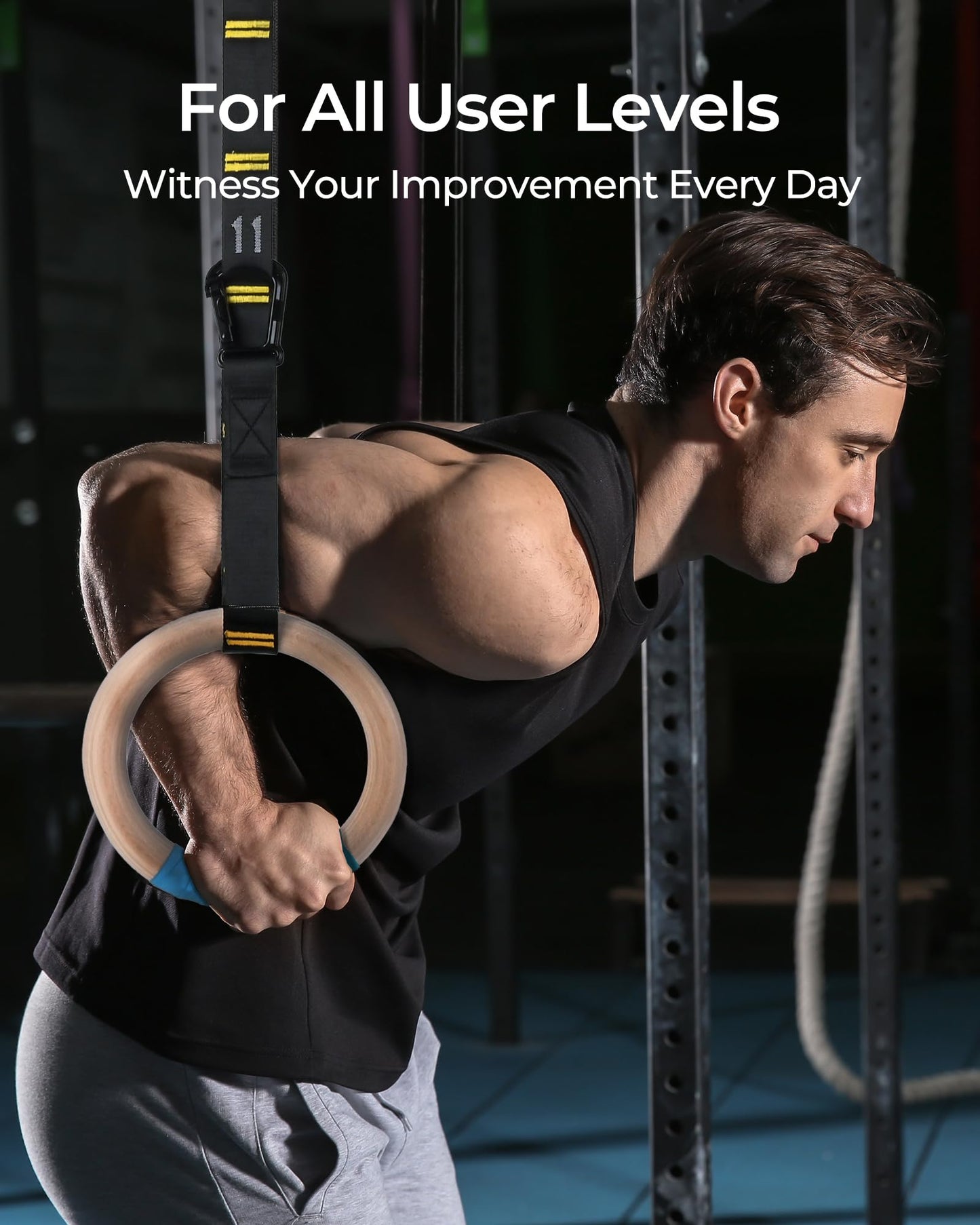 PACEARTH Gymnastics Rings 32mm Wooden Olympic Rings Support 1500lbs Locked Carabiners 9ft Double-Layer Numbered Straps Non-Slip Gym Rings with Foot Straps Door Anchor for Home Gym Full Body Workout