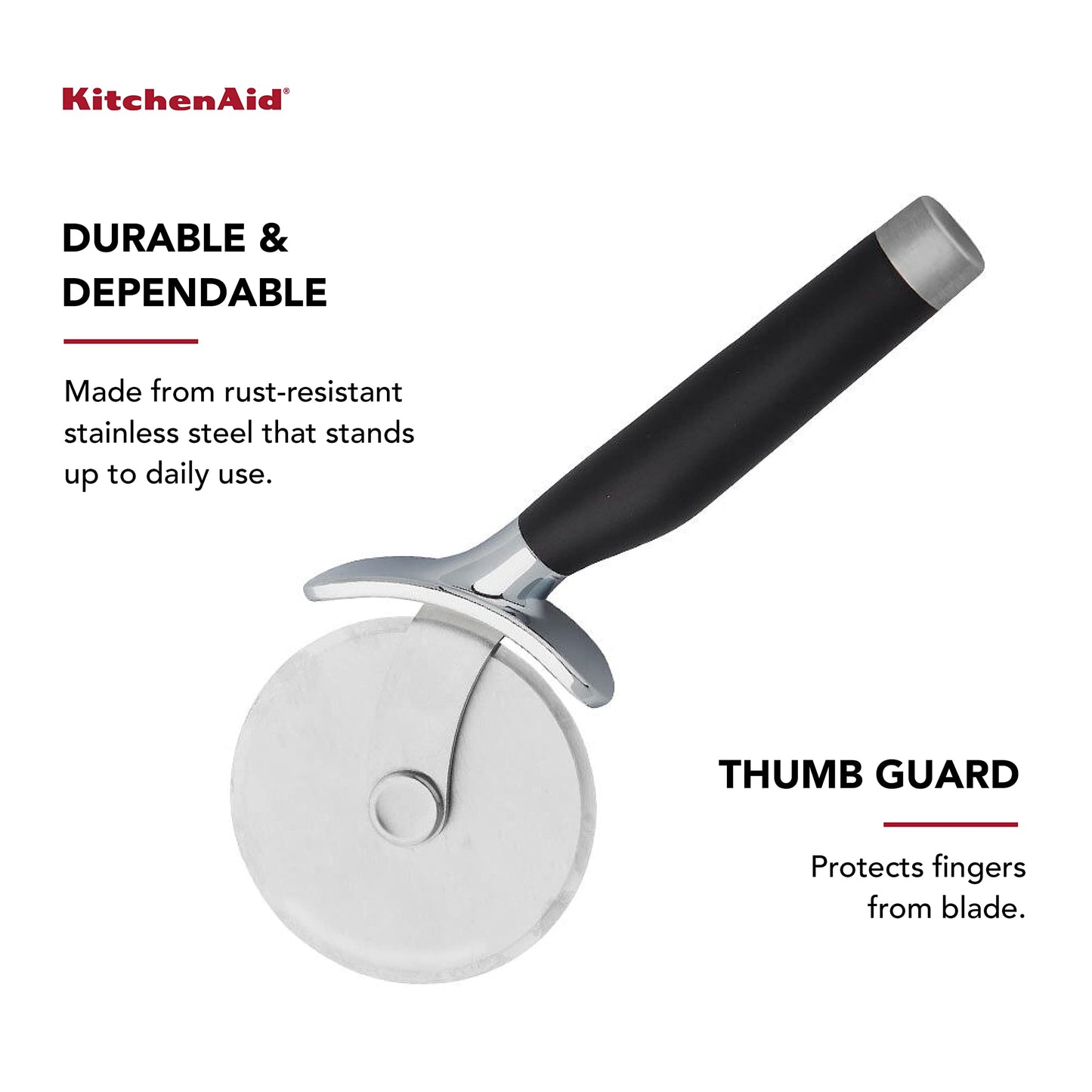 KitchenAid Classic Pizza Wheel with Sharp Blade For Cutting Through Crusts, Pies and More, Built In Finger Guard for Safety and Comfort Grip to Protect Fingers, Dishwasher Safe, 9-Inch, Black