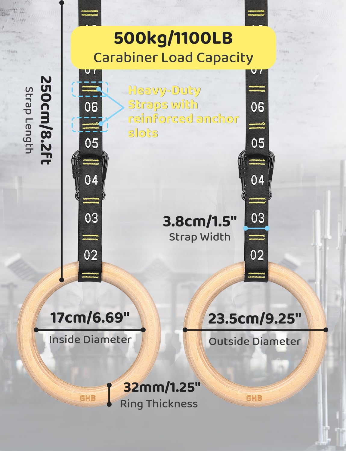 GHB Gymnastic Rings Wooden Gym Rings 1.25" Olympic Rings Adjustable Straps Pull Up Rings Sets for Workout Bodyweight Fitness Training