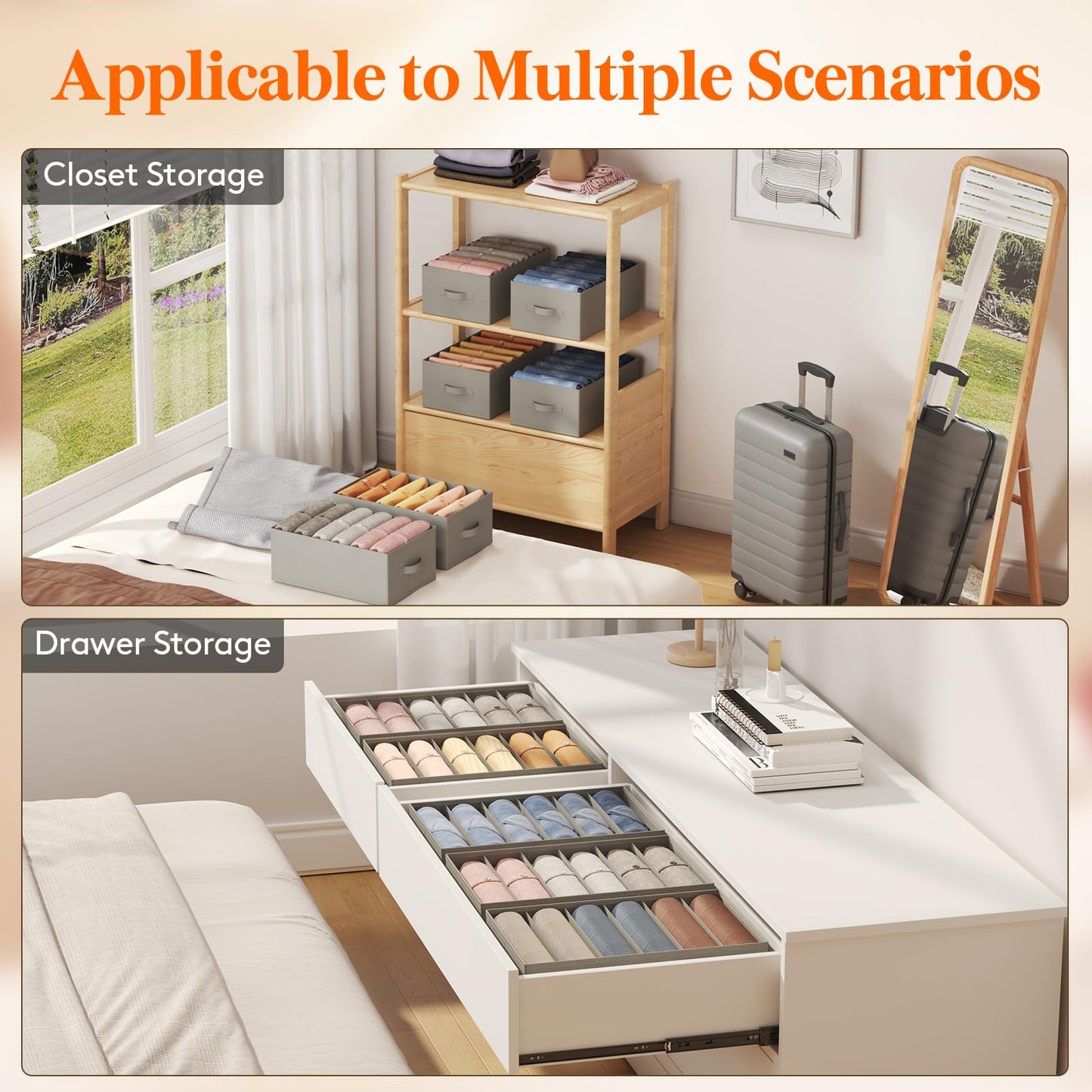 Lifewit Wardrobe Clothes Organizer 6 Pack, Large Size 6 Grids Closet Jean Storage Bins with Handles and Support Boards, Foldable Drawer Dividers for Sweater, Pants, T-shirt, Hoodie, Dress, Grey