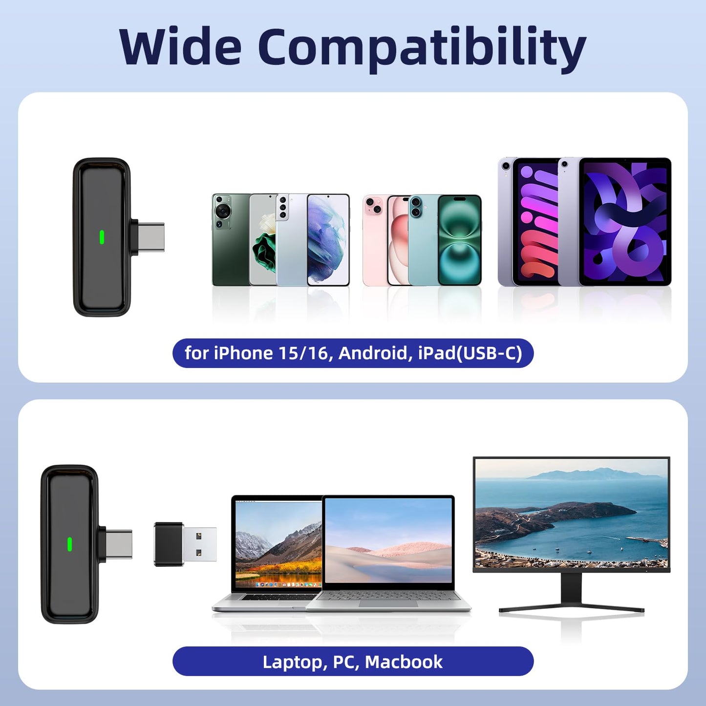 NPTCL Wireless USB Microphone for PC Laptop iPhone 16/15 Android Phone - Noise Canceling Lapel Lavalier Mic with 24H Charging Case for Video Recording Vlog TikTok Podcast Live Streaming (USB & USBC)