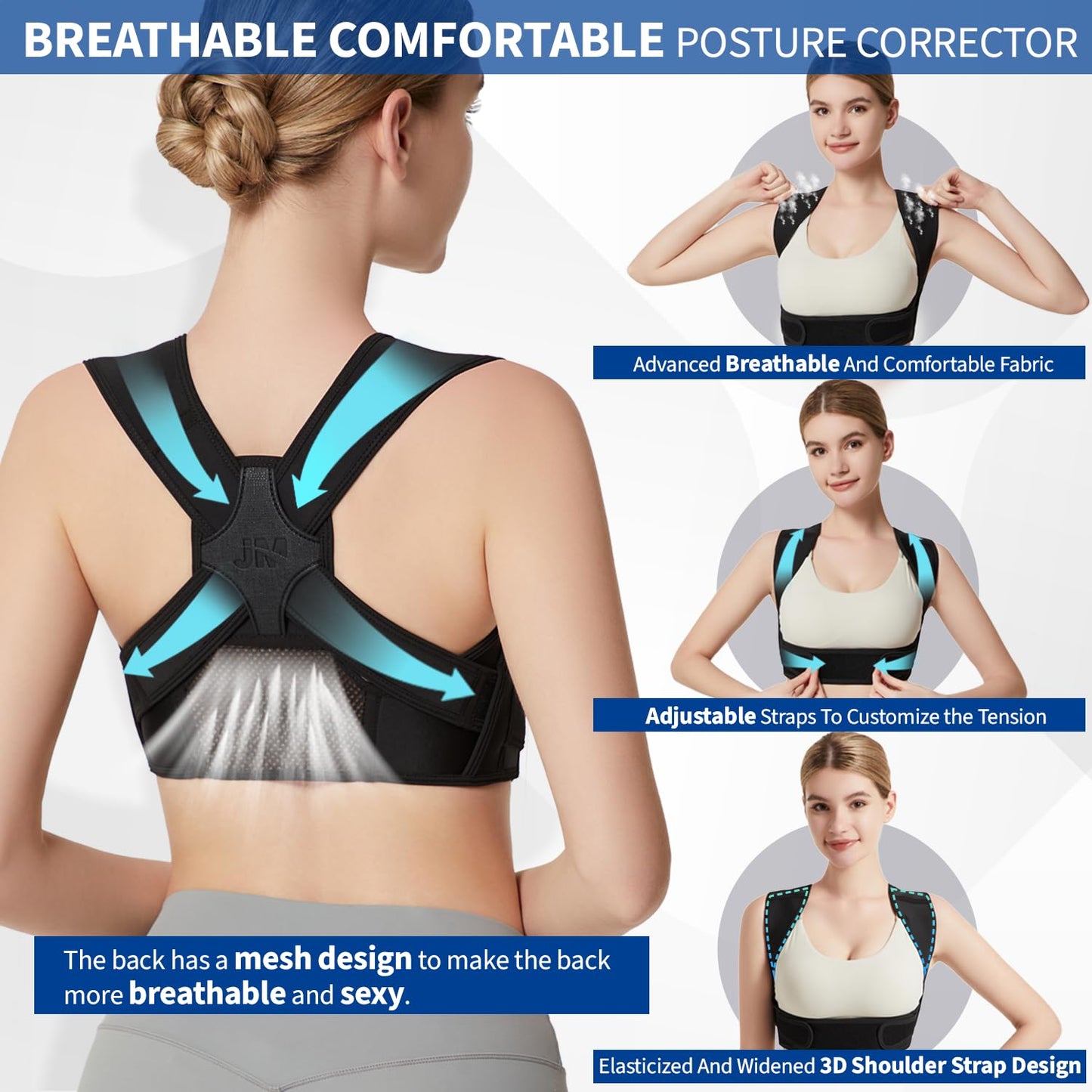 JMPOSE Posture Corrector for Back Support: Adjustable Shoulder Posture Brace for Men and Women (Black, Small/M)