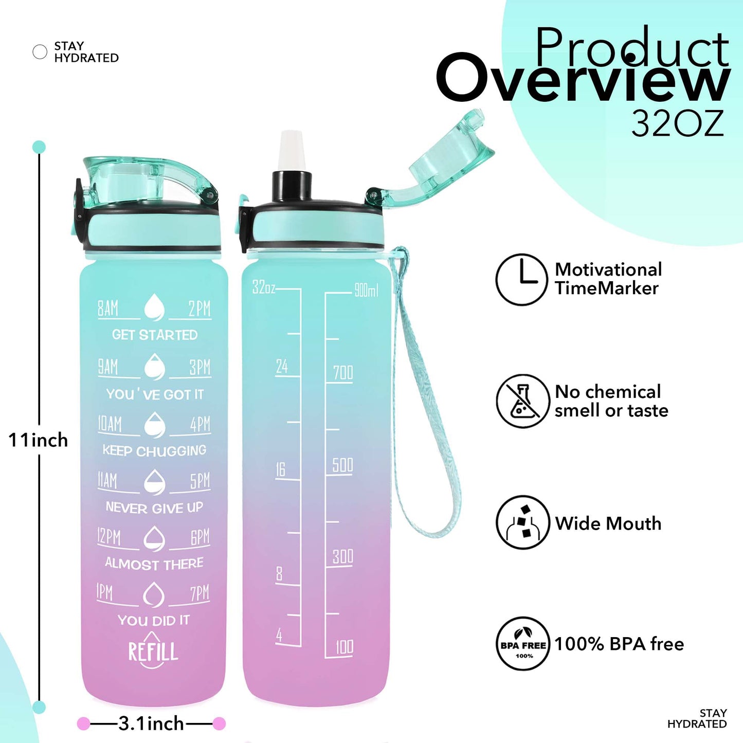 Newfad 32 oz Water Bottles with Straw & Strap, Motivational with Times to Drink, BPA Free Reusable Sports Water Bottle with Sleeve for Hiking, Travel, Running or Fitness (Spring Bouquet)