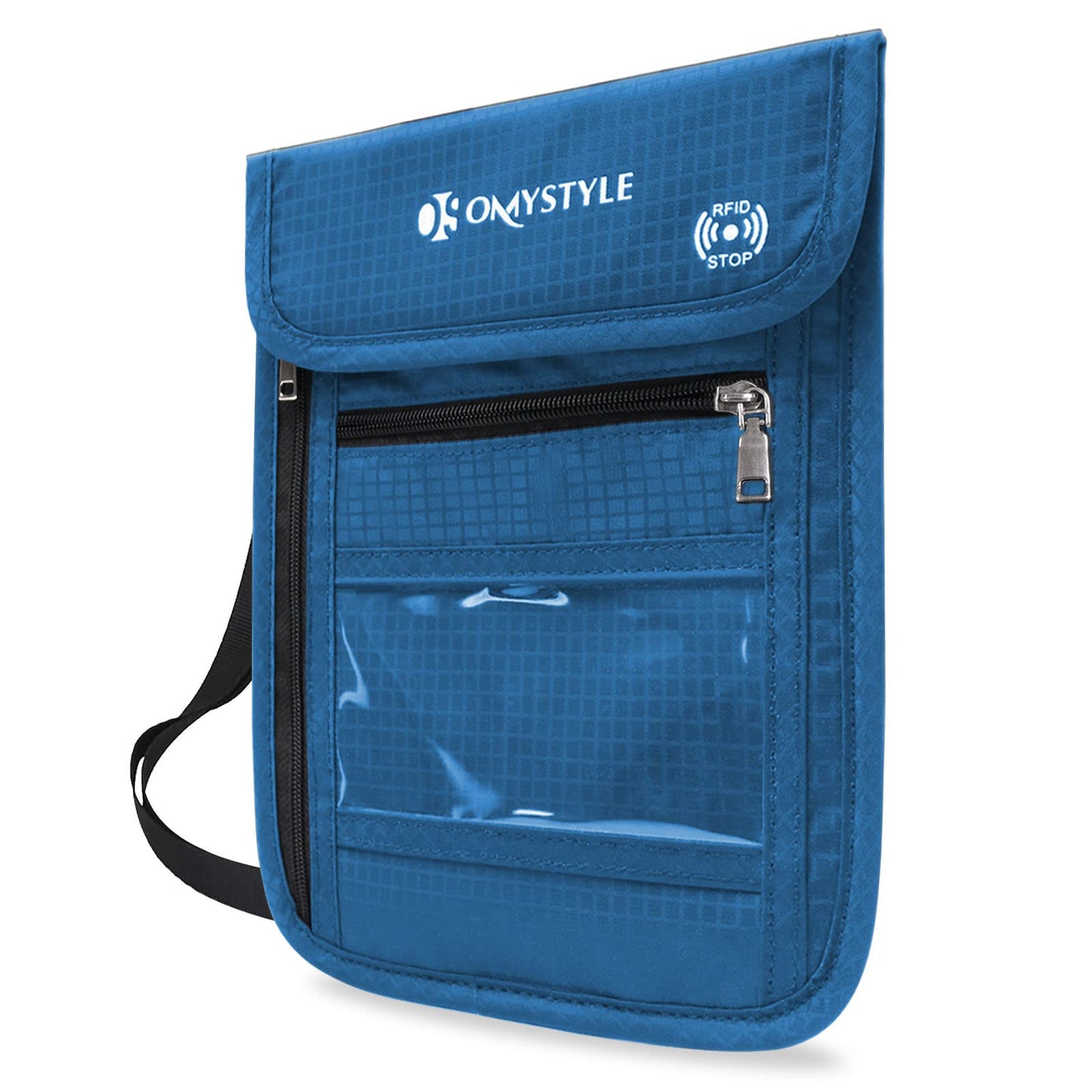OMYSTYLE Neck Wallet, RFID Passport Holder for Travel, Adjustable Neck Strap, Waterproof Neck Pouch for Men & Women to Keep Cash, Credit Cards and Documents Safe, Blue (8x6)